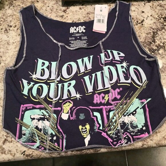 AC/DC Blow Up Your Video Graphic Cropped Tank Top Women's Size Medium Blue NWT - Picture 4 of 6